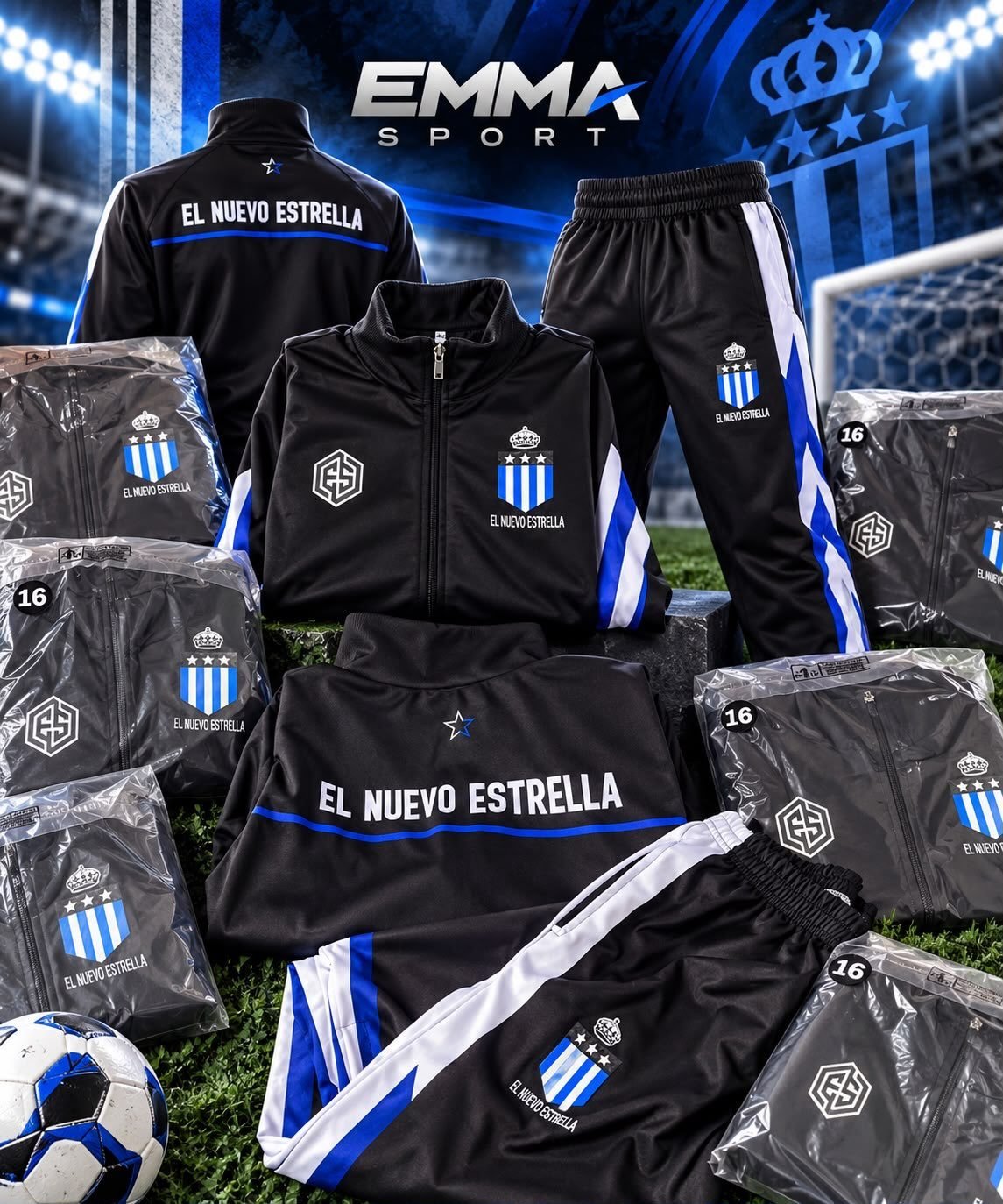 Colección de uniformes deportivos en azul, negro y blanco